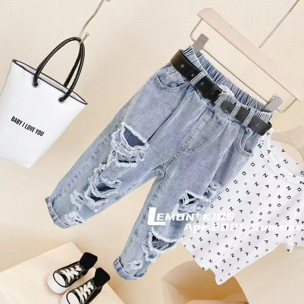 Children's Clothing Spring and Summer New Styles for Boys and Girls Washed Ripped Jeans Children's Cropped Pants Trend 1-12Y