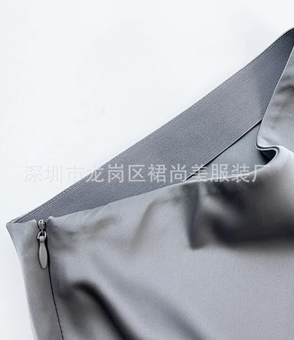 Elegant Faux Silk Satin Skirts for Women High Waist A-line Office Lady  Solid Color Glossy Finish Fishtail Skirt