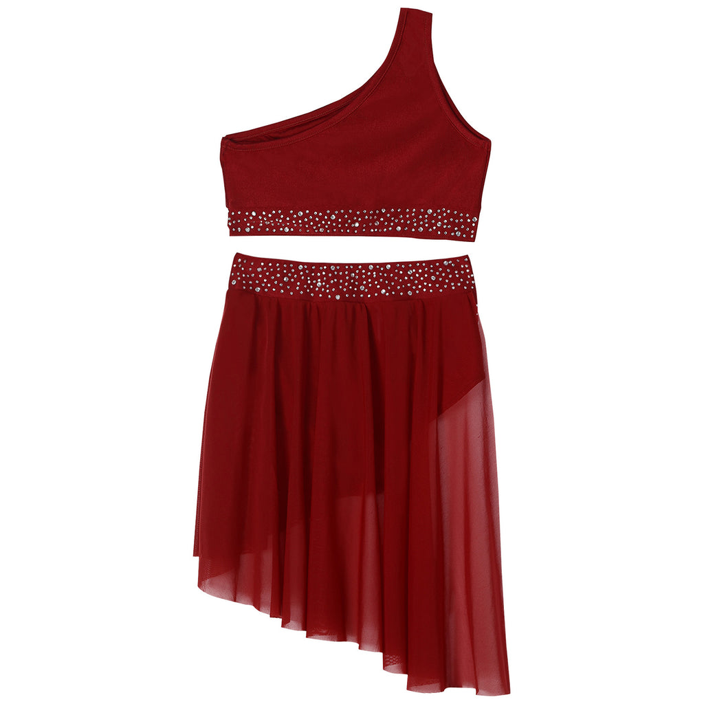 Teen Girls Modern Lyrical Dance Performance Outfit One Shoulder Crop Top with Leotard Skirt for Jazz Skating Ballet Gymnastics