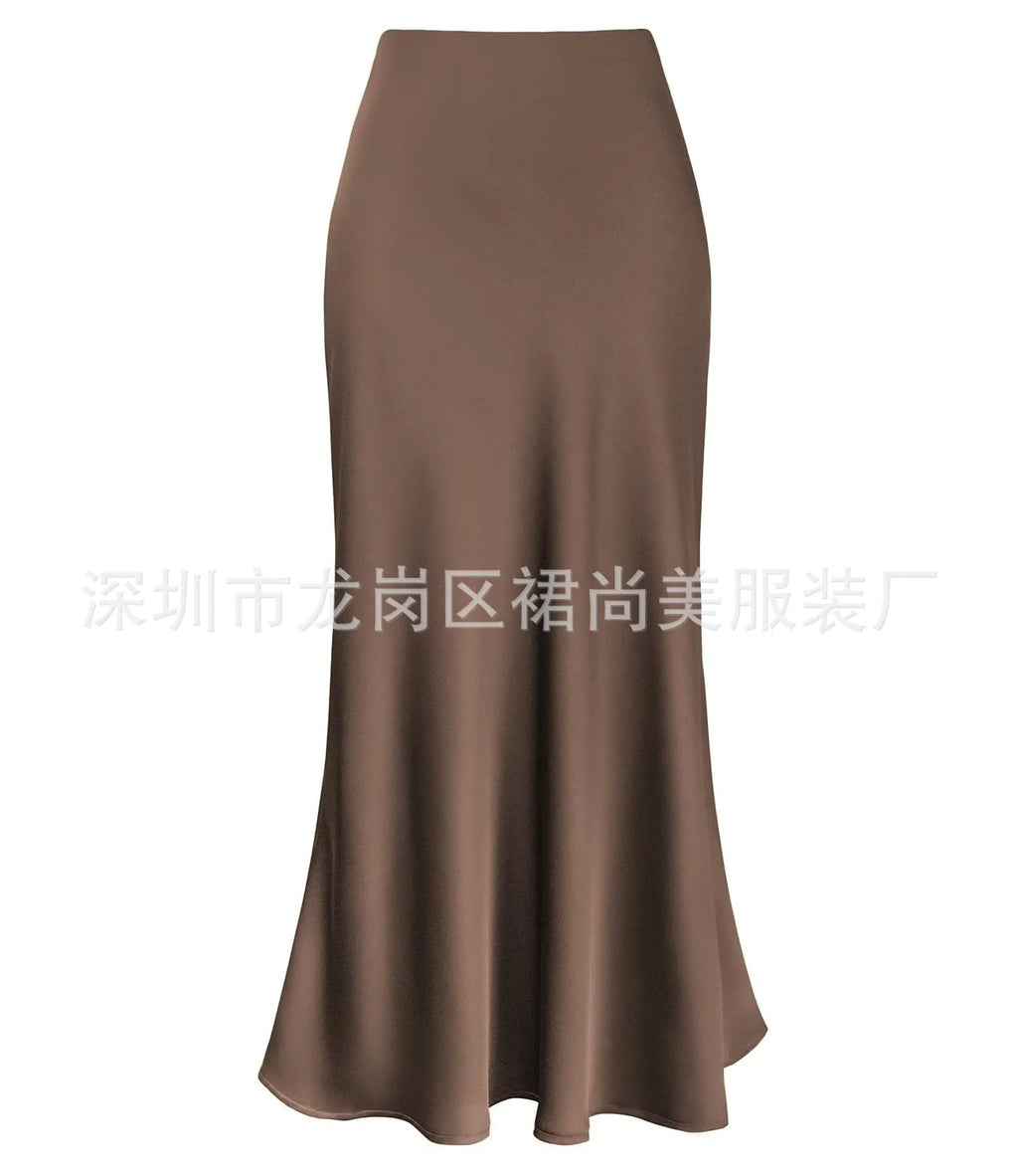 Elegant Faux Silk Satin Skirts for Women High Waist A-line Office Lady  Solid Color Glossy Finish Fishtail Skirt