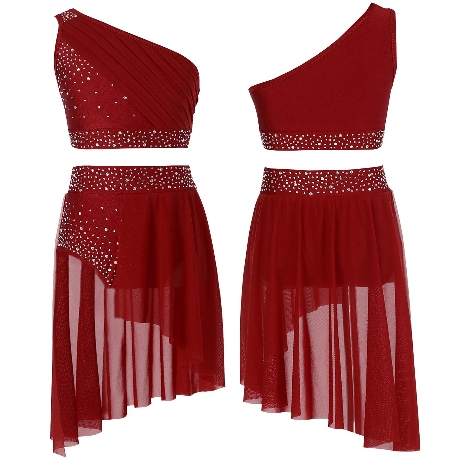 Teen Girls Modern Lyrical Dance Performance Outfit One Shoulder Crop Top with Leotard Skirt for Jazz Skating Ballet Gymnastics