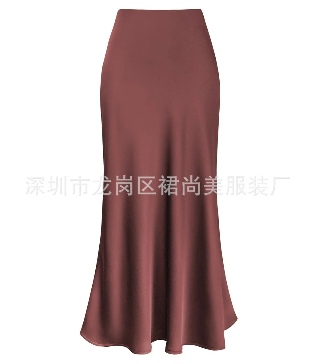 Elegant Faux Silk Satin Skirts for Women High Waist A-line Office Lady  Solid Color Glossy Finish Fishtail Skirt