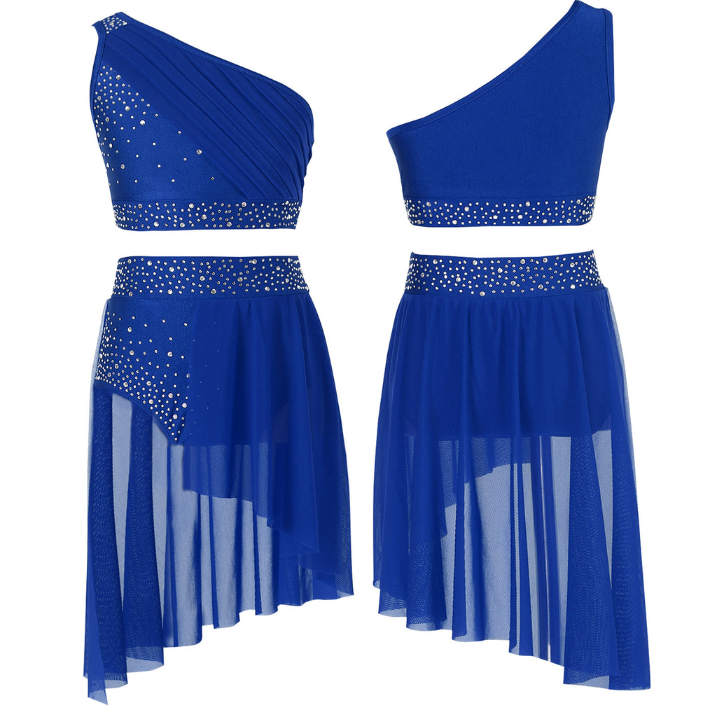 Teen Girls Modern Lyrical Dance Performance Outfit One Shoulder Crop Top with Leotard Skirt for Jazz Skating Ballet Gymnastics