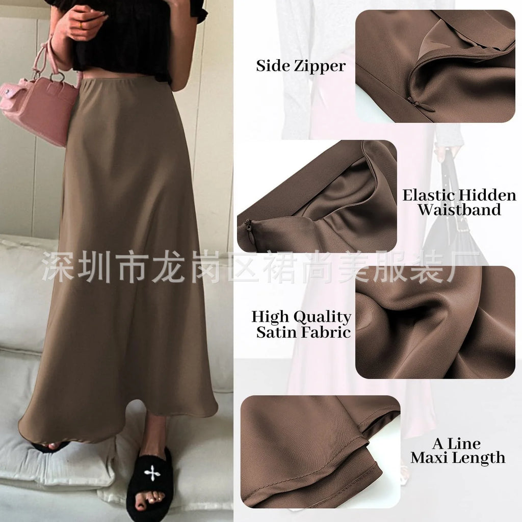 Elegant Faux Silk Satin Skirts for Women High Waist A-line Office Lady  Solid Color Glossy Finish Fishtail Skirt