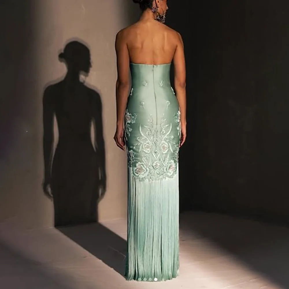 Elegant Exquisite Prom Dress For Women Strapless Sleeveless Lady Long Embroidery Evening Gown With Tassles Robes De Soirée