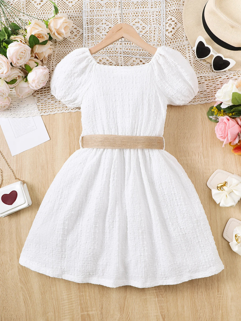Children's clothing Girls' Short sleeved Dress, White Bubble Sleeve casual Dress suitable for Girls aged 8-12 in Summer Dress
