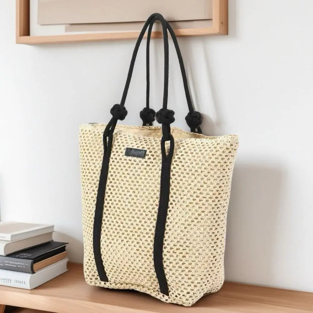 Handmade Straw Woven Bags Large Capacity Zipper Closure Beach Handbags Top-Handle Solid Color Women's Shoulder Bags