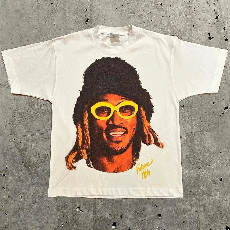 American Trendy Hip Hop Street Style T-Shirt Unisex Celebrity Portrait Print Tee Kanye Photo Top Plus Size Clothing Adult/Kids