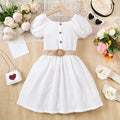 Children's clothing Girls' Short sleeved Dress, White Bubble Sleeve casual Dress suitable for Girls aged 8-12 in Summer Dress