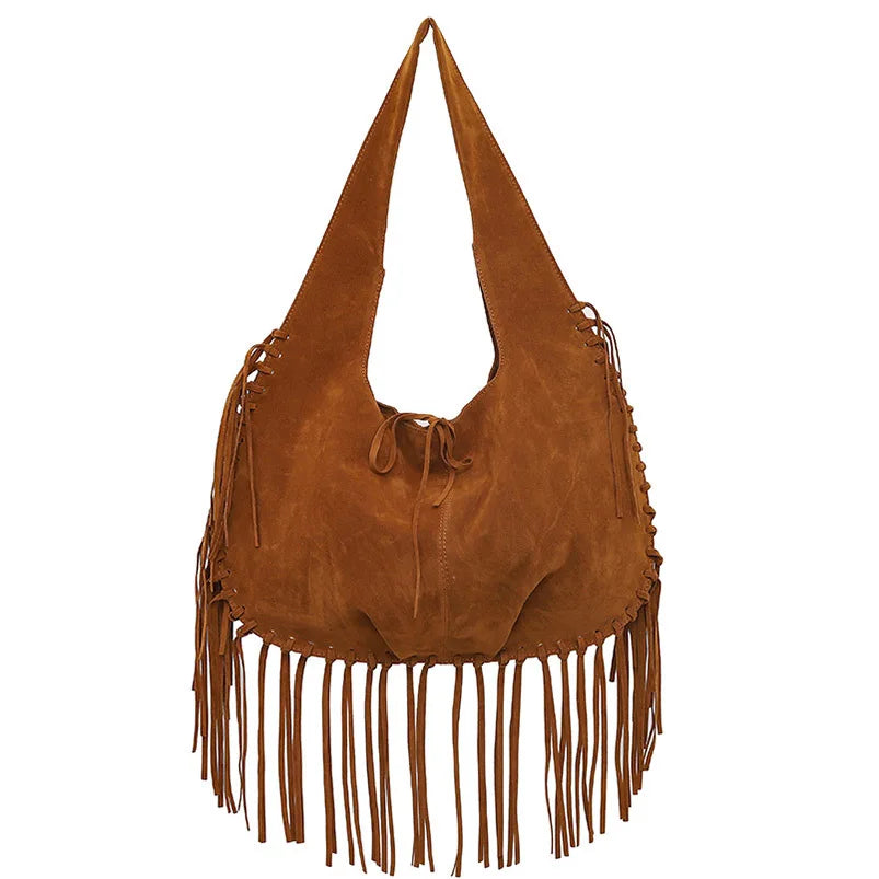 Tassel Crossbody Bag For Women Large Capacity Shoulder Bags Commuter Suede Travel Handbags Solid Color Purse Handbags