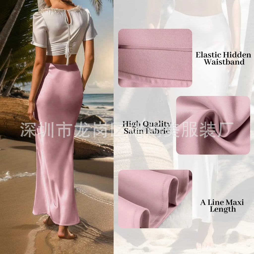 Elegant Faux Silk Satin Skirts for Women High Waist A-line Office Lady  Solid Color Glossy Finish Fishtail Skirt