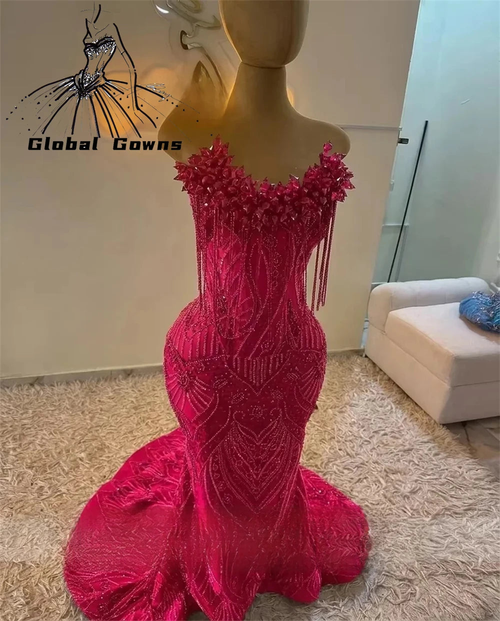 Red Prom Dresses For Girls 2026 Sparkly Sequins Mermaid Crystals Tassel Party Dress Luxury Sleeveless Evening Gowns Customized