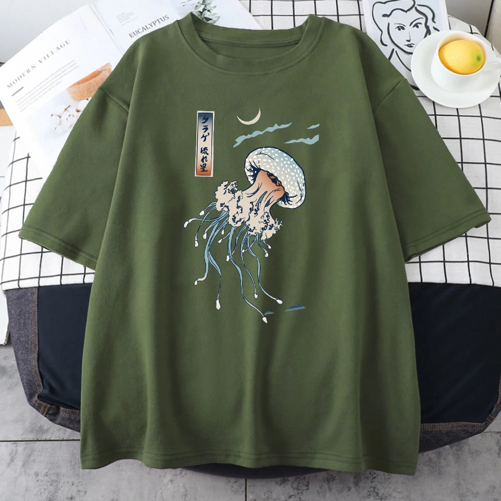 Swimming Colorful Jellyfish Print Mens Short Sleeve Japanese Harajuku O-Neck Tops All-math Oversize Vintage Man Cotton T-Shirts