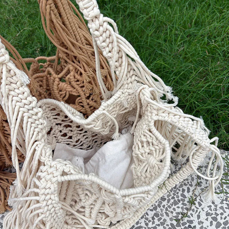 New Bohemian Hand-woven Bag Tote Hollow Beach Bags For Women Handbag Handmade Woven Shoulder Bag Summer Travel Bag
