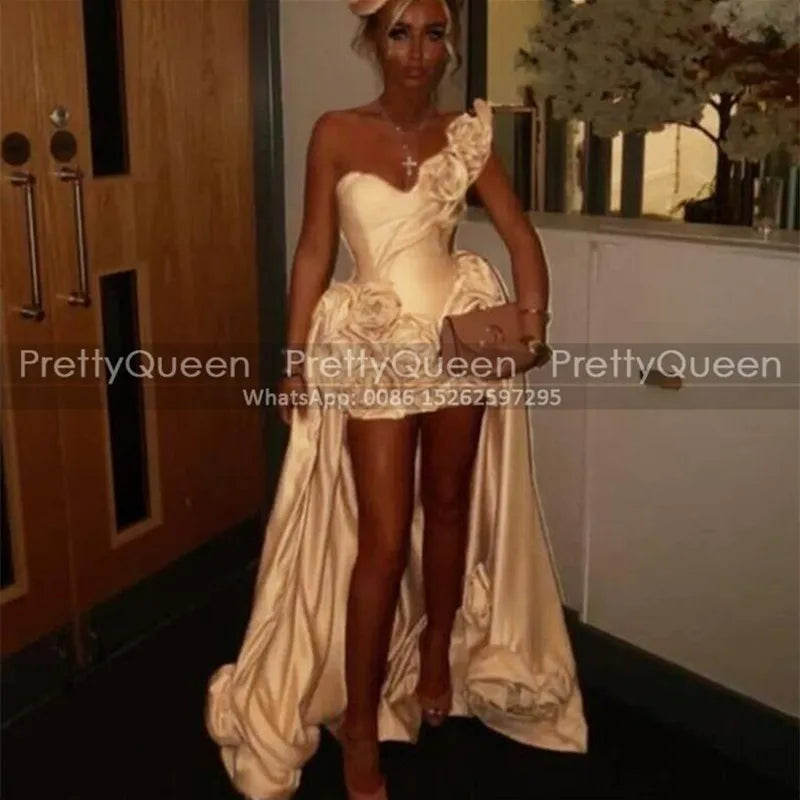 Customized Short Prom Dresses Handmade Flowers One Shoulder High Low Sheath Reception Dress Party For Women