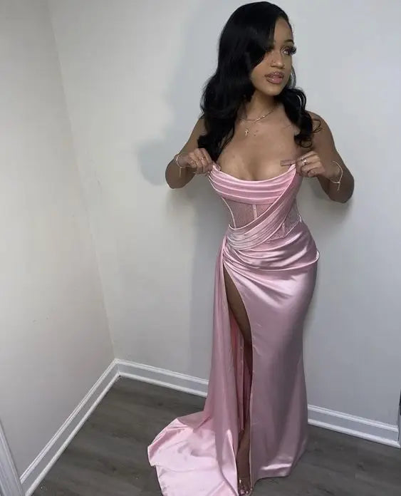 Pink Mermaid Prom Dresses Strapless Thigh-High Slits See Through Girls Birthday Party Dress Matric Dance Gowns Customized