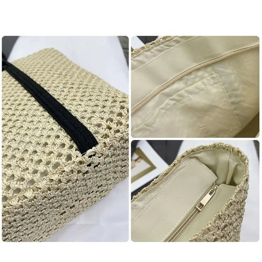 Handmade Straw Woven Bags Large Capacity Zipper Closure Beach Handbags Top-Handle Solid Color Women's Shoulder Bags