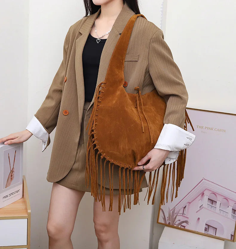 Tassel Crossbody Bag For Women Large Capacity Shoulder Bags Commuter Suede Travel Handbags Solid Color Purse Handbags