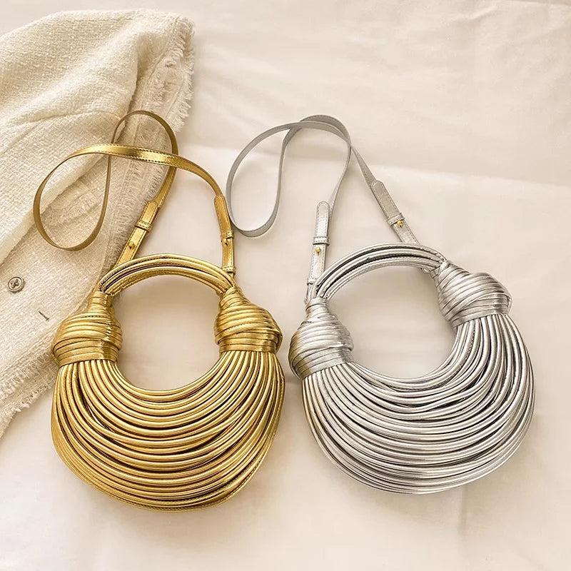 Handbags for Women 2025 New Gold Luxury Designer Brand Handwoven Noodle Bags Rope Knotted Pulled Hobo Silver Evening Clutch Chic
