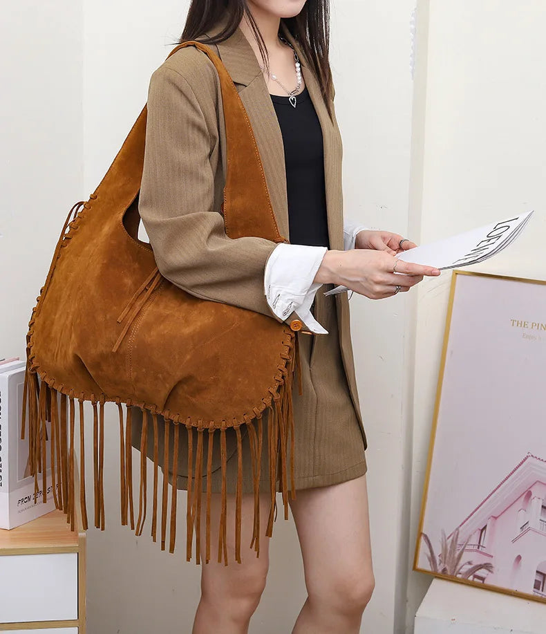 Tassel Crossbody Bag For Women Large Capacity Shoulder Bags Commuter Suede Travel Handbags Solid Color Purse Handbags