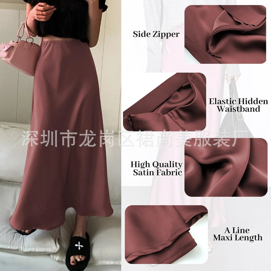 Elegant Faux Silk Satin Skirts for Women High Waist A-line Office Lady  Solid Color Glossy Finish Fishtail Skirt