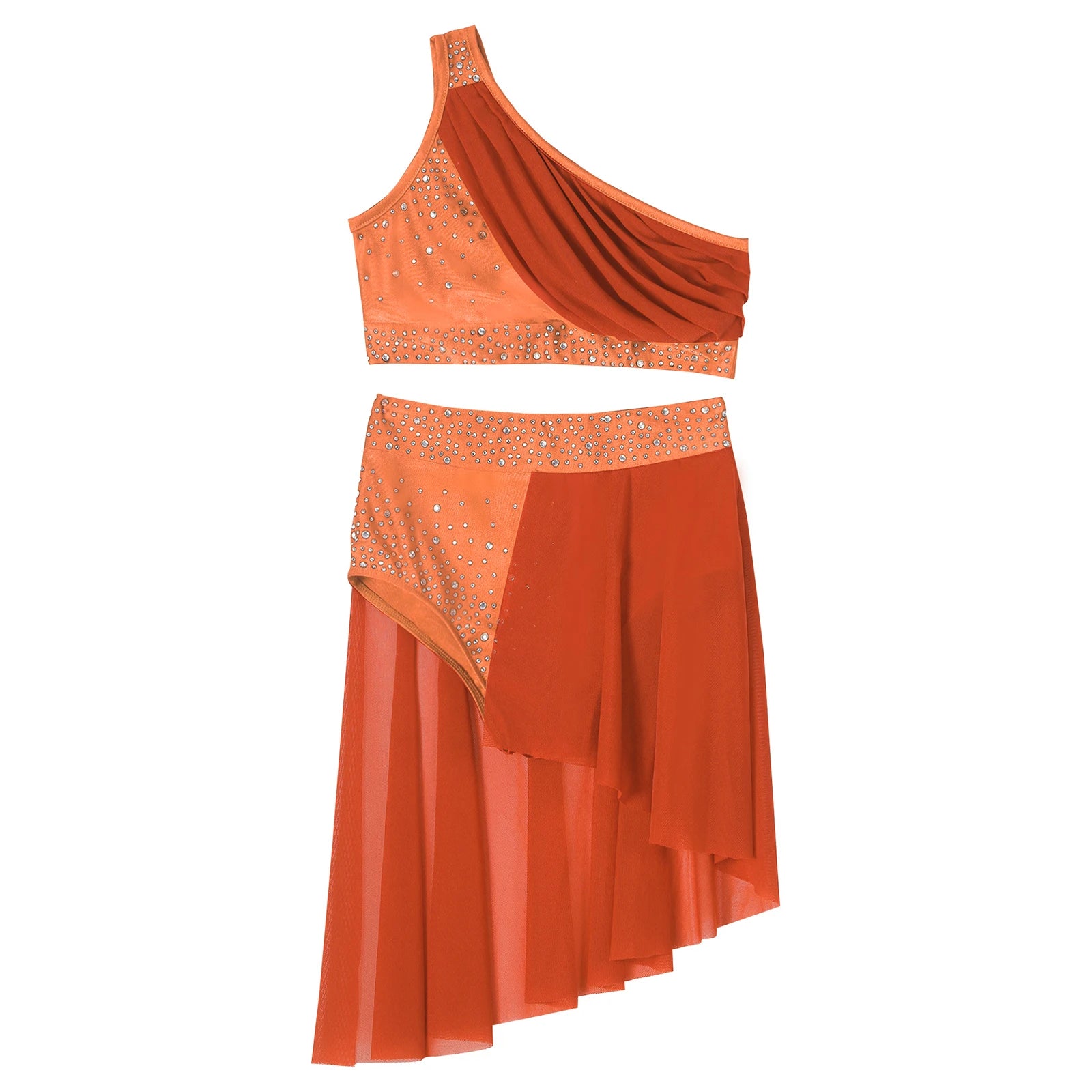 Teen Girls Modern Lyrical Dance Performance Outfit One Shoulder Crop Top with Leotard Skirt for Jazz Skating Ballet Gymnastics