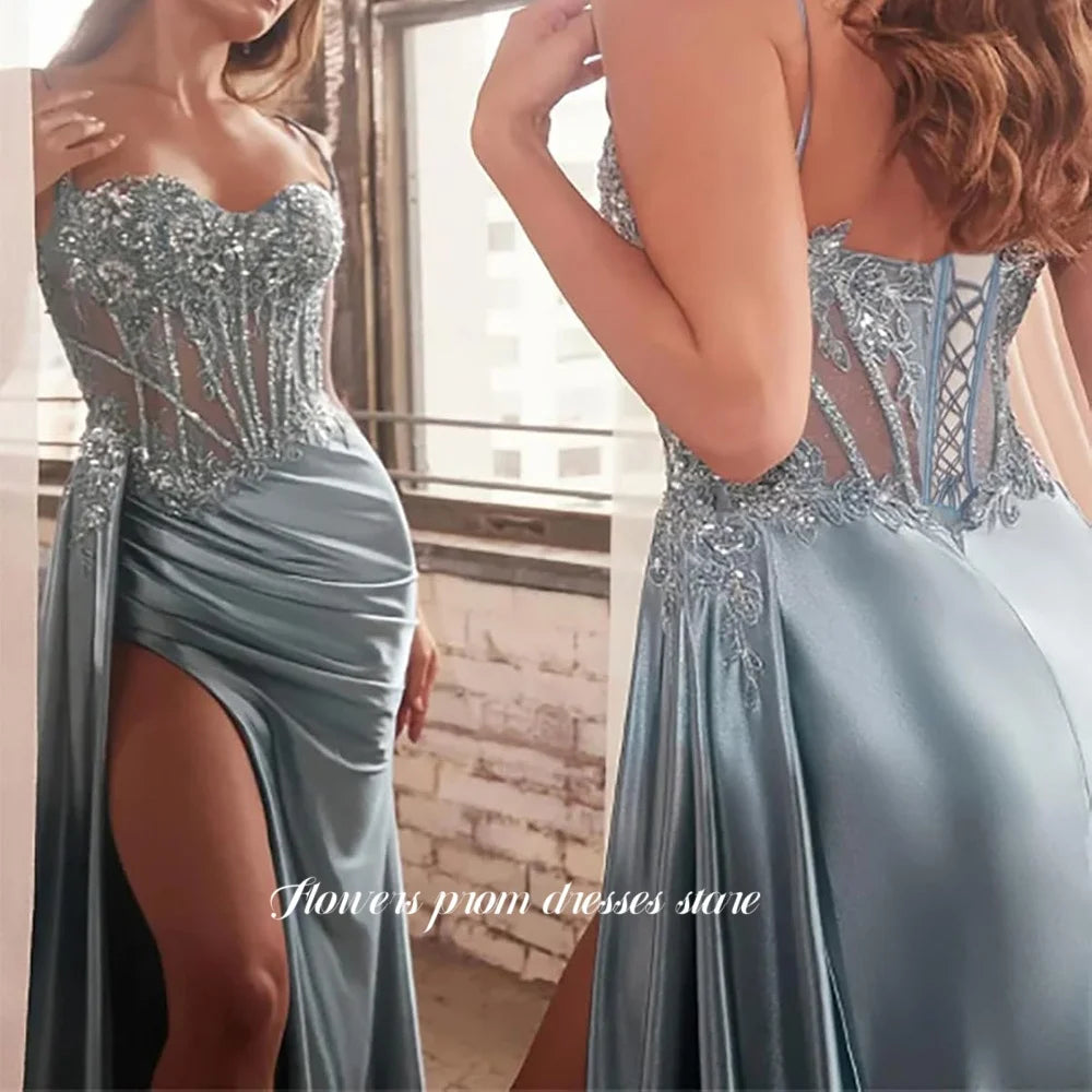 Flowers Prom Mermaid Party Dress Lace Glitter Evening Dress Party Gowns High Slit Sleeveless Gown فساتين مناسبة رسمية Customized