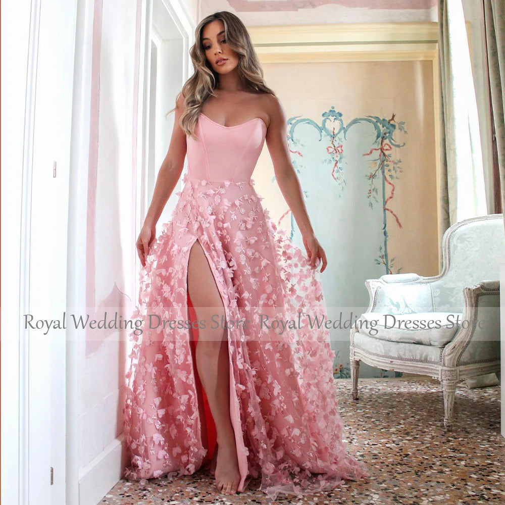 Women's Prom Dresses Red Lace Flowers V Neck Backless Sexy Prom Gowns Long Side Slit A Line Sleeveless Luxury Formal Party Dress