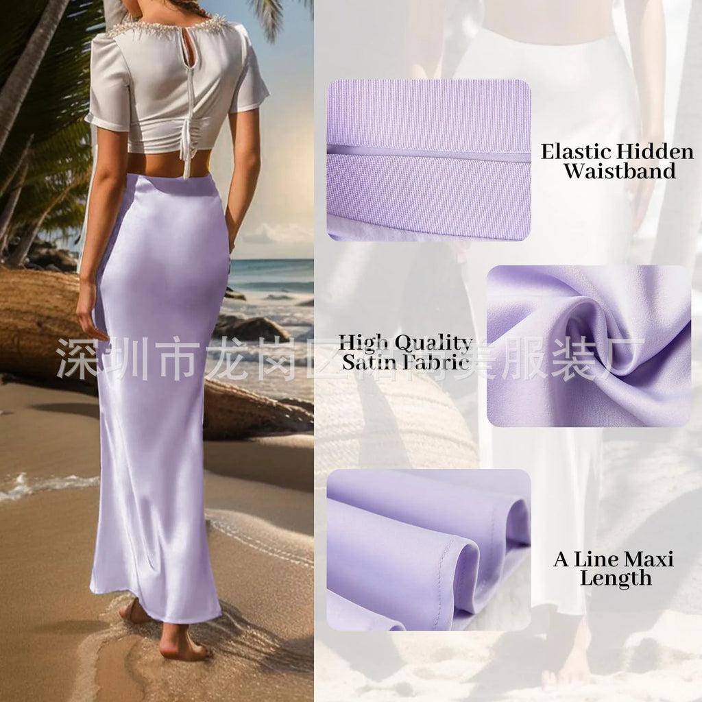 Elegant Faux Silk Satin Skirts for Women High Waist A-line Office Lady  Solid Color Glossy Finish Fishtail Skirt