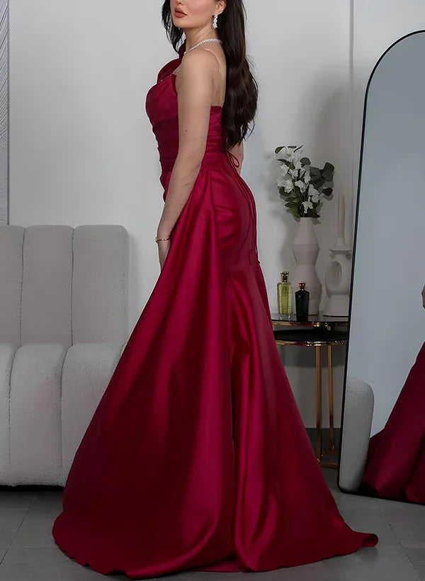 Flowers Red Prom Dresses Trumpet Party Dress Split Evening Dress One Shoulder with Pleats Formal vestido de fiesta Customized
