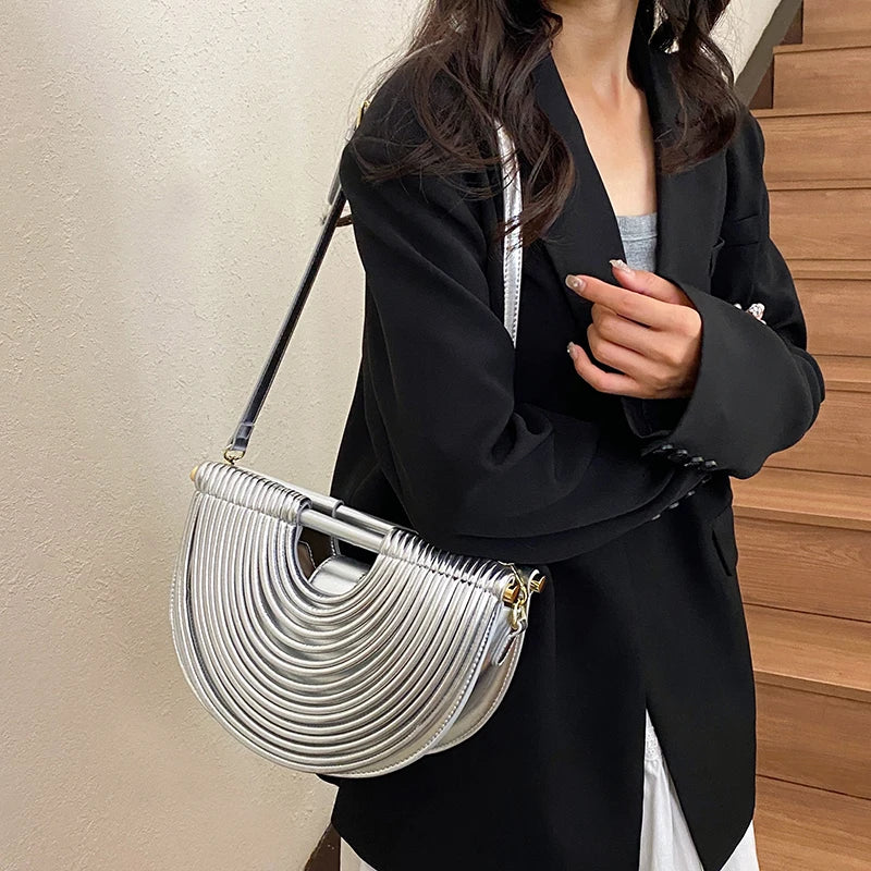 Handbags for Women. New Gold Luxury Designer Brand Handwoven Noodle Bags Rope Knotted Pulled Half Moon Silver Evening Clutch