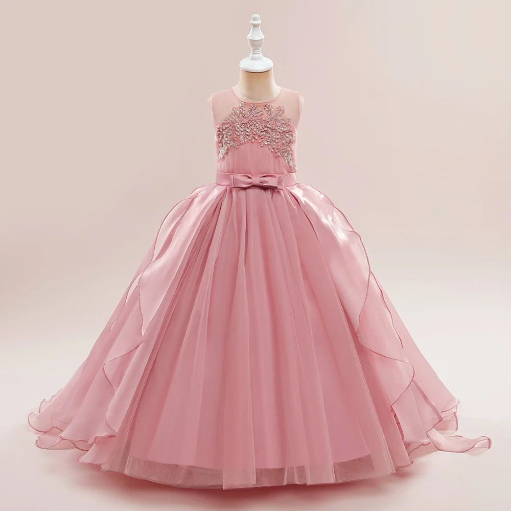 Teens Girls Sequins Princess Party Dresses White Bridesmaid Flower Kids Dresses For Girl Wedding Prom Gown Pink Birthday Vestido