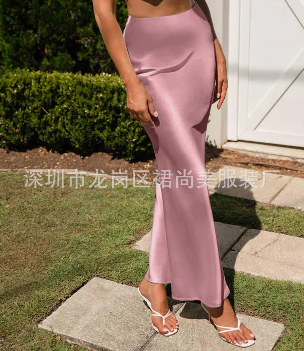 Elegant Faux Silk Satin Skirts for Women High Waist A-line Office Lady  Solid Color Glossy Finish Fishtail Skirt