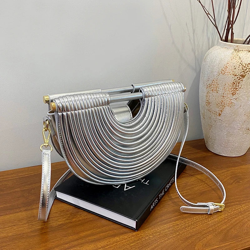Handbags for Women. New Gold Luxury Designer Brand Handwoven Noodle Bags Rope Knotted Pulled Half Moon Silver Evening Clutch