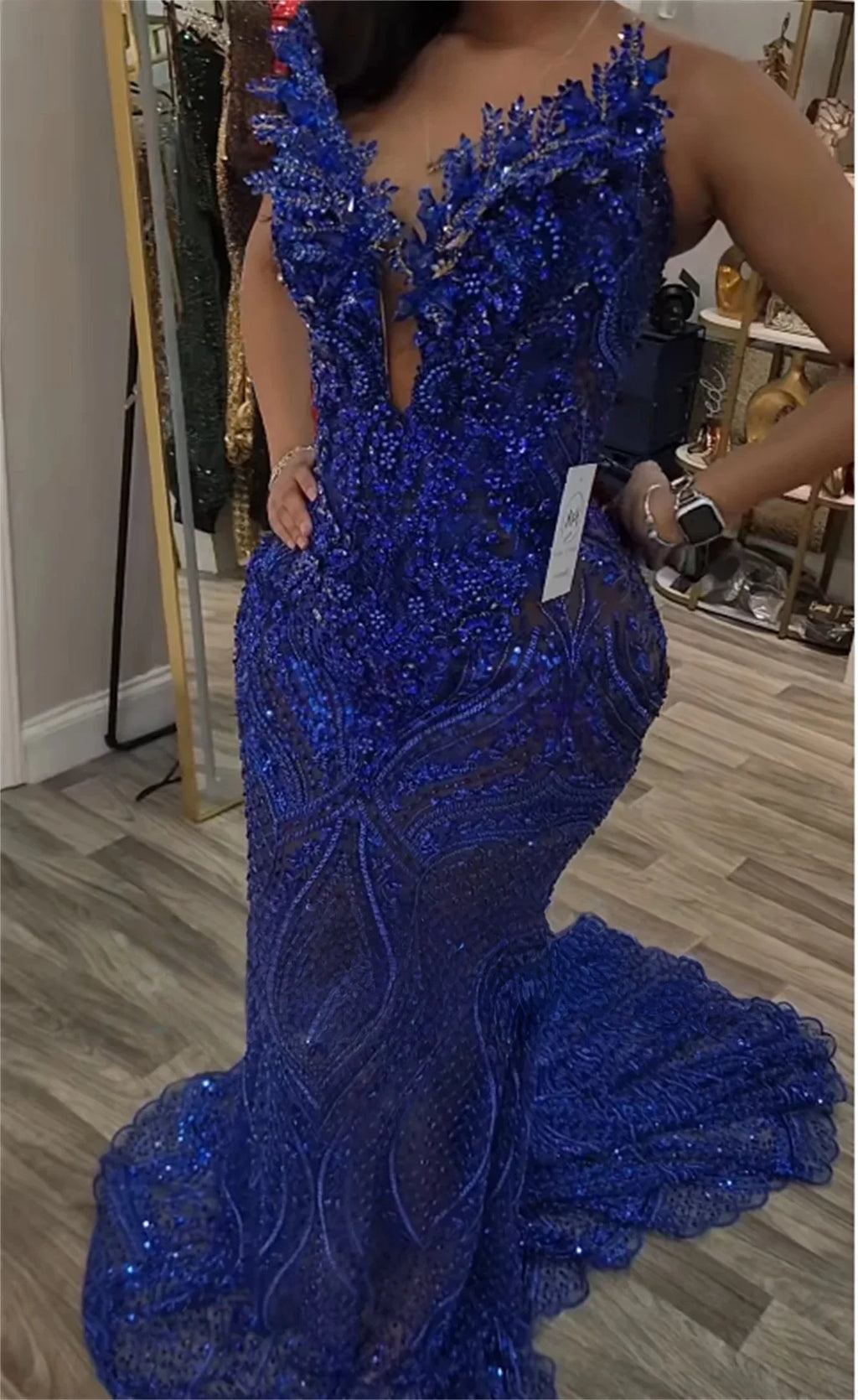 Royal Blue Long Prom Dresses For Black Girls Sheer Appliques Pearls African Evening Gowns Birthday Party Robe Customized