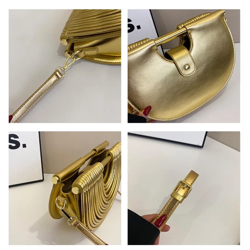 Handbags for Women. New Gold Luxury Designer Brand Handwoven Noodle Bags Rope Knotted Pulled Half Moon Silver Evening Clutch