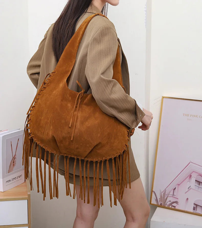 Tassel Crossbody Bag For Women Large Capacity Shoulder Bags Commuter Suede Travel Handbags Solid Color Purse Handbags