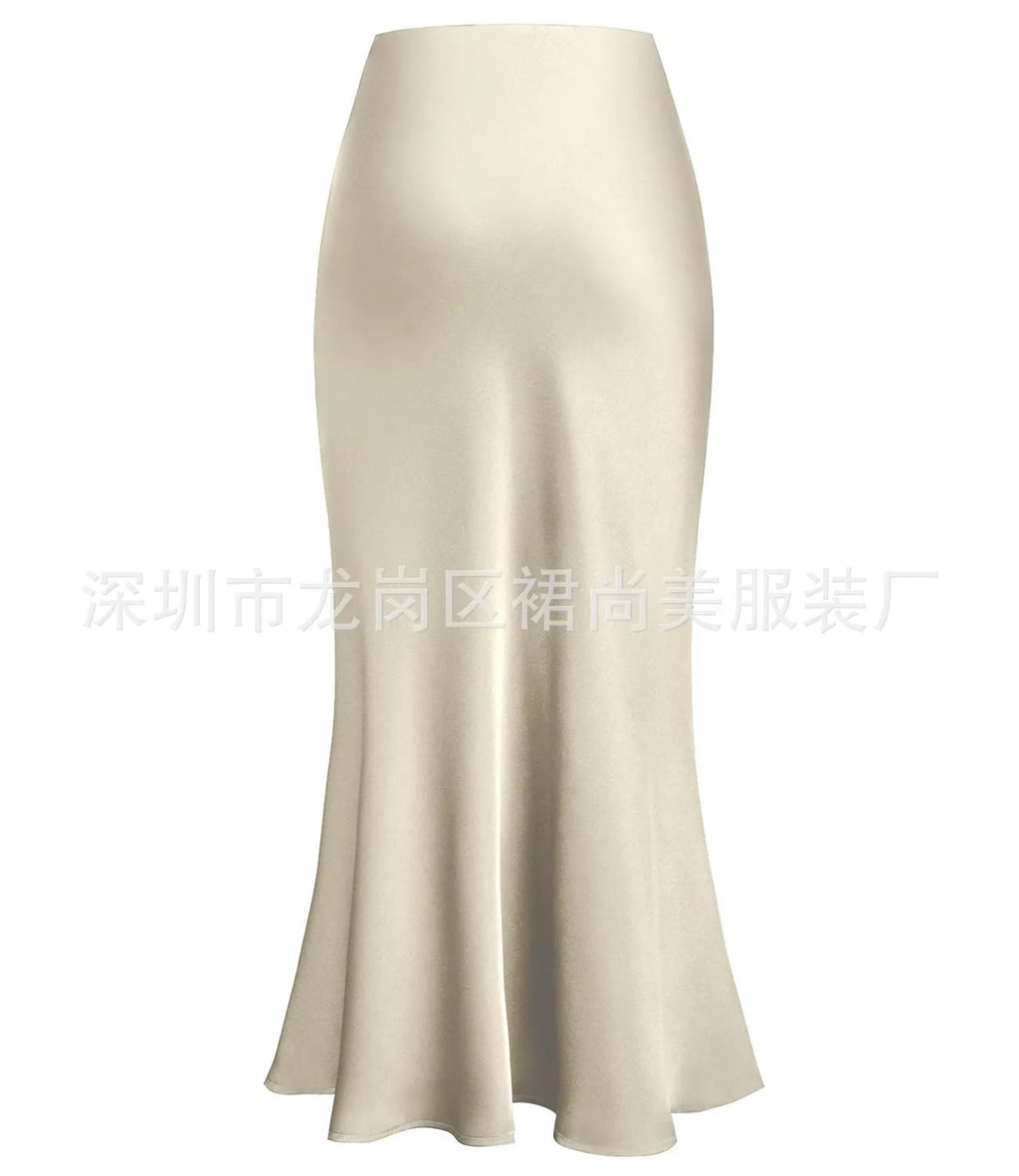 Elegant Faux Silk Satin Skirts for Women High Waist A-line Office Lady  Solid Color Glossy Finish Fishtail Skirt