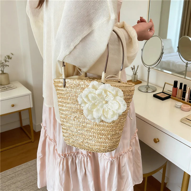 Simple Design Straw Handbags For Women Handmade Telescopic design   Comfortable handbag Summer fashion Pack Bucket Bag