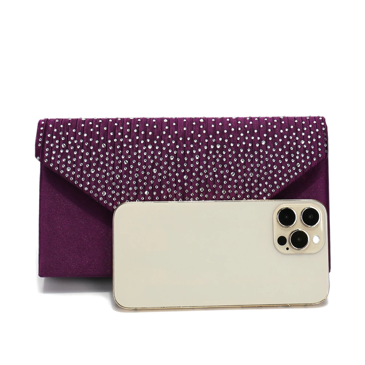 Rhinestones Women Evening Bags Small Envelope Design Handbags Satin Shoulder Chain Handbags Glitter Purple Color Cocktail Purse