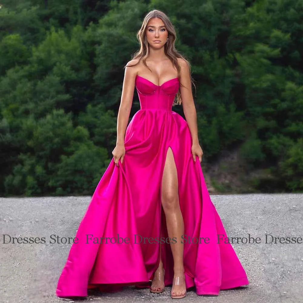Romantic Prom Dresses for Ladies Satin A-line Celebrity Dress Fuchsia Sweetheart Split Ruched Evening Dress Long 2025