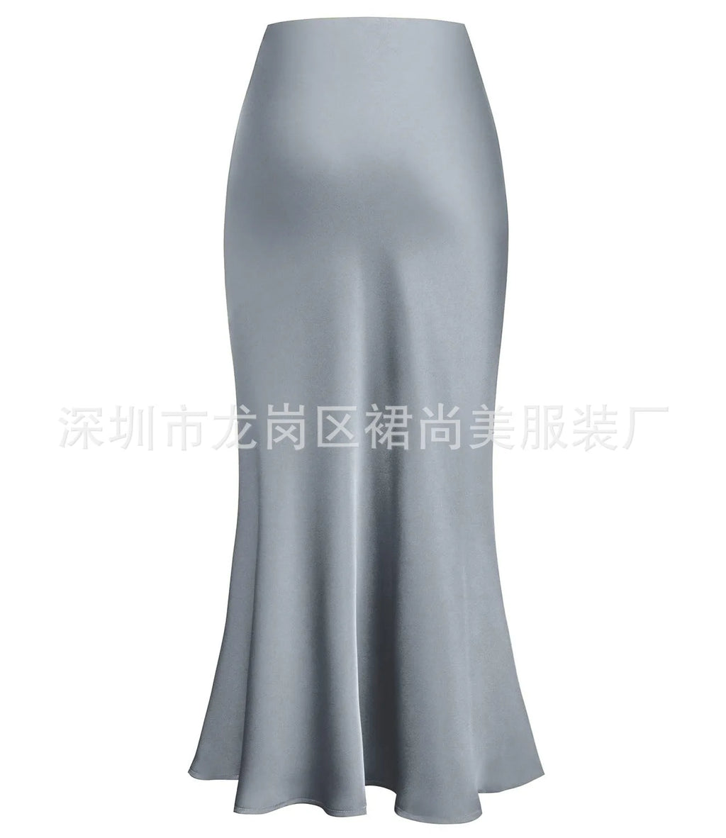 Elegant Faux Silk Satin Skirts for Women High Waist A-line Office Lady  Solid Color Glossy Finish Fishtail Skirt