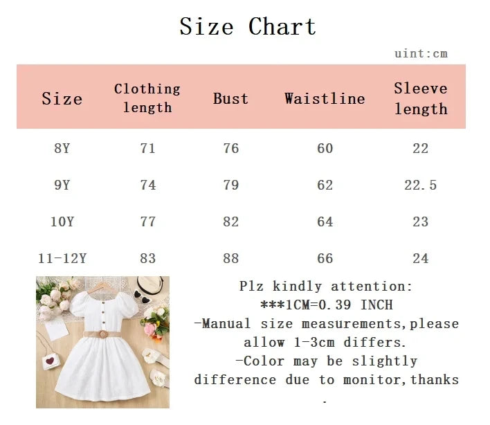 Children's clothing Girls' Short sleeved Dress, White Bubble Sleeve casual Dress suitable for Girls aged 8-12 in Summer Dress