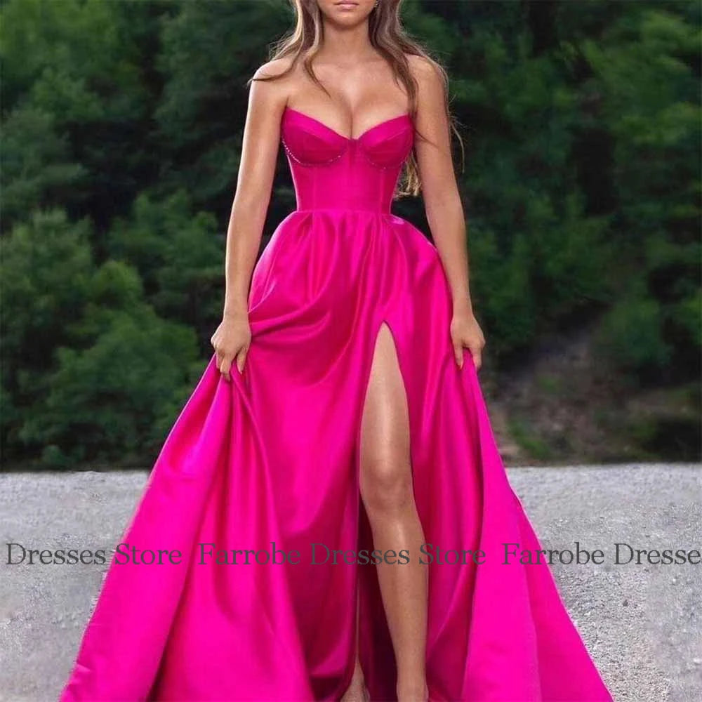 Romantic Prom Dresses for Ladies Satin A-line Celebrity Dress Fuchsia Sweetheart Split Ruched Evening Dress Long 2025