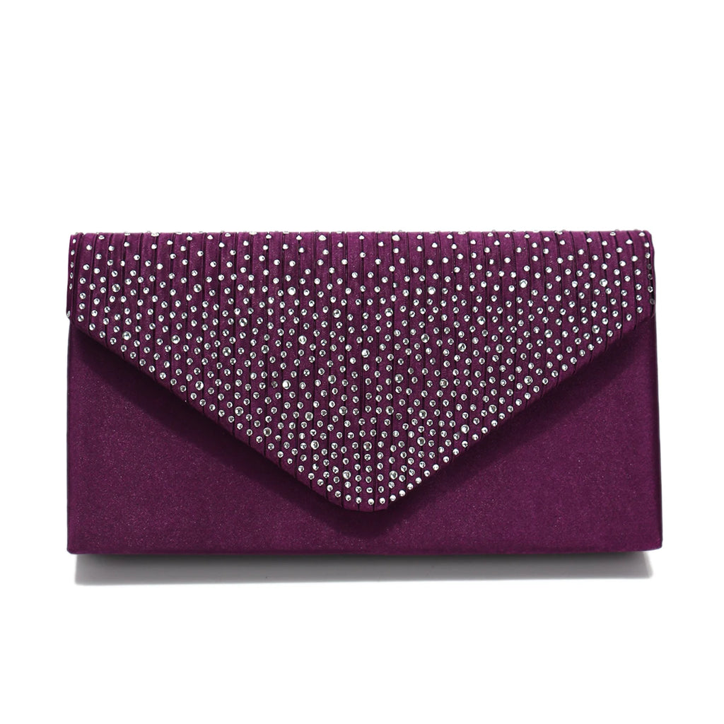 Rhinestones Women Evening Bags Small Envelope Design Handbags Satin Shoulder Chain Handbags Glitter Purple Color Cocktail Purse