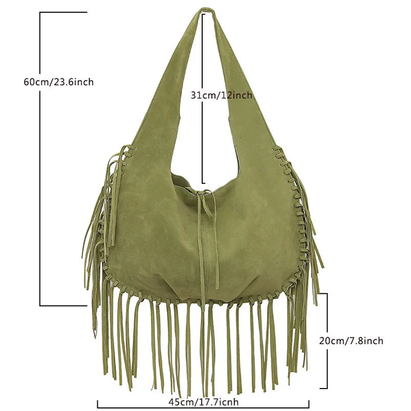Tassel Crossbody Bag For Women Large Capacity Shoulder Bags Commuter Suede Travel Handbags Solid Color Purse Handbags
