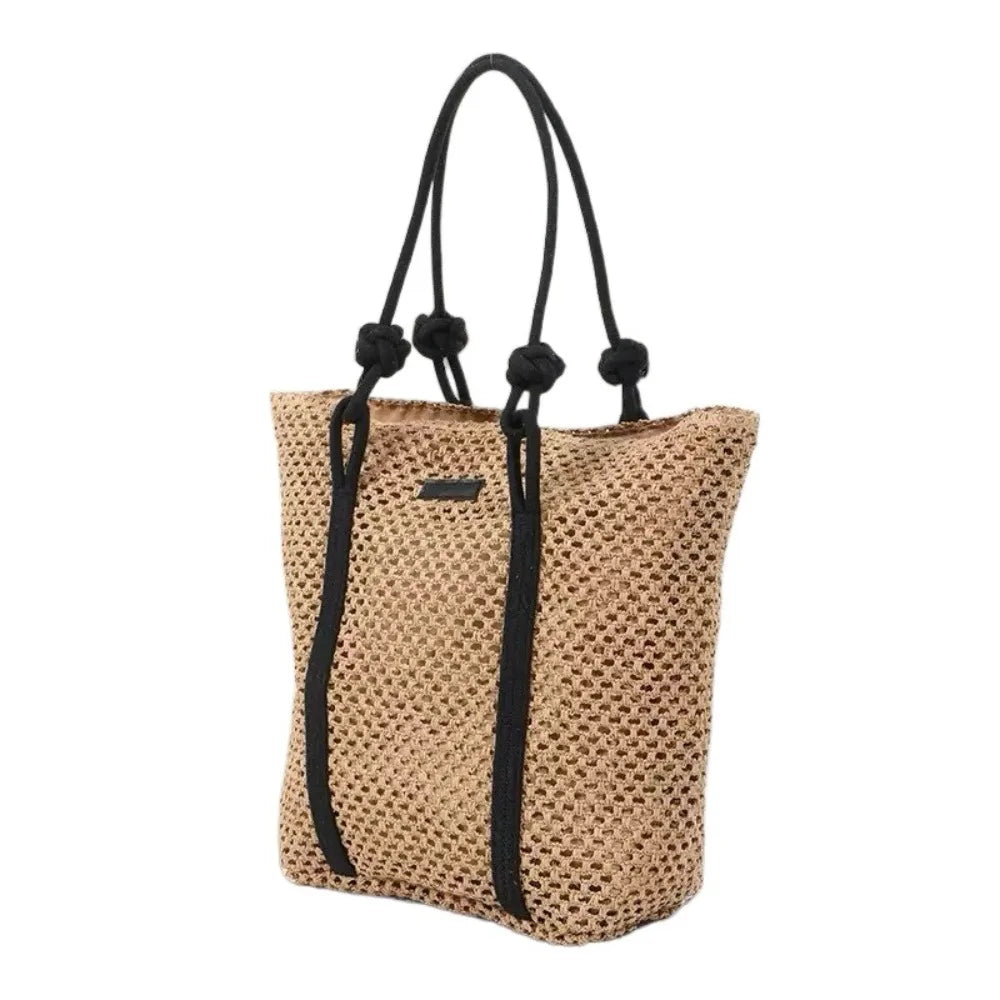 Handmade Straw Woven Bags Large Capacity Zipper Closure Beach Handbags Top-Handle Solid Color Women's Shoulder Bags