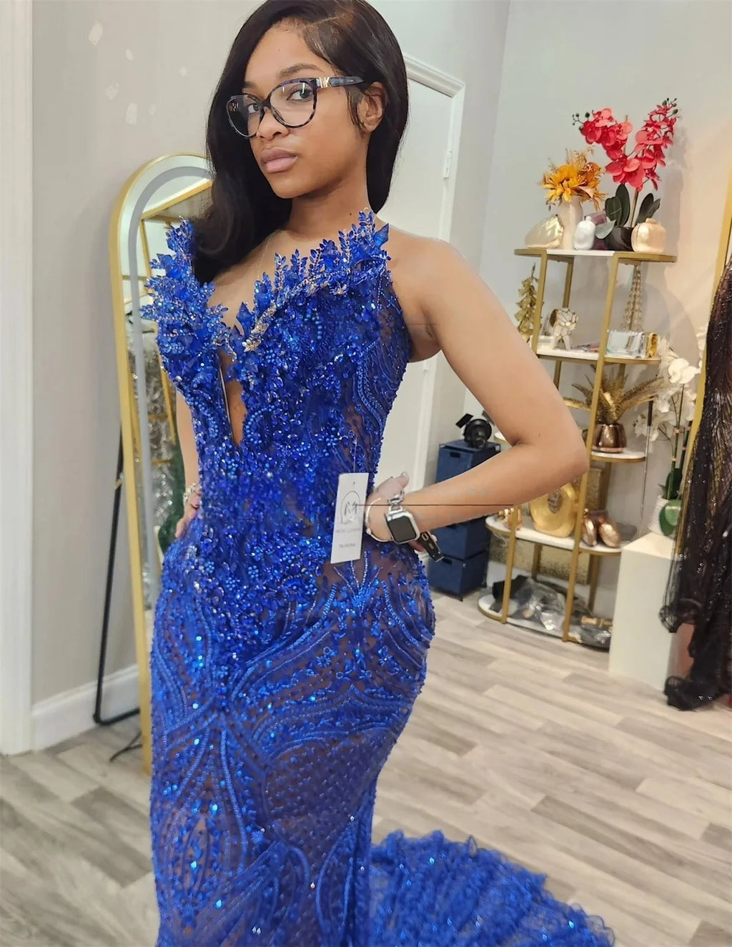 Royal Blue Long Prom Dresses For Black Girls Sheer Appliques Pearls African Evening Gowns Birthday Party Robe Customized