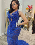 Royal Blue Long Prom Dresses For Black Girls Sheer Appliques Pearls African Evening Gowns Birthday Party Robe Customized