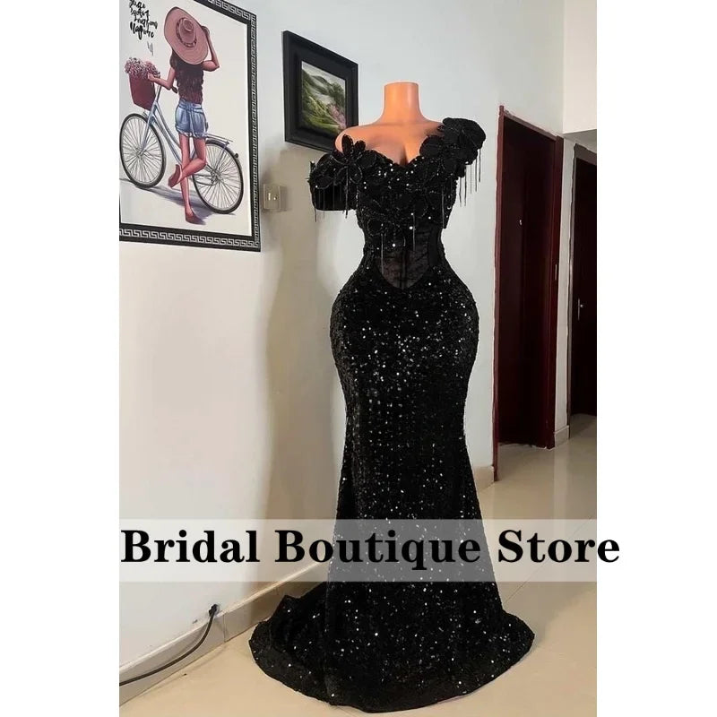 Black Prom Dresses 2026Luxury Bead Rhinestones 3D Flowers Off Shoulder African Wedding Party Birthday Evening Gown Customized